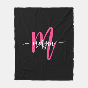 Hot Roze Zwart Modern Script Girly Monogram Naam Fleece Deken