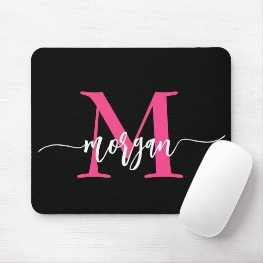 Hot Roze Zwart Modern Script Girly Monogram Naam Muismat (Met muis)
