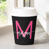 Hot Roze Zwart Modern Script Girly Monogram Naam Papieren Bekers