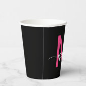 Hot Roze Zwart Modern Script Girly Monogram Naam Papieren Bekers (Rechts)