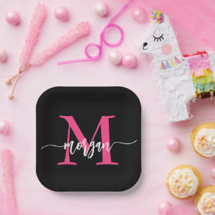 Hot Roze Zwart Modern Script Girly Monogram Naam Papieren Bordje
