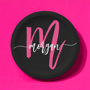Hot Roze Zwart Modern Script Girly Monogram Naam Papieren Bordje