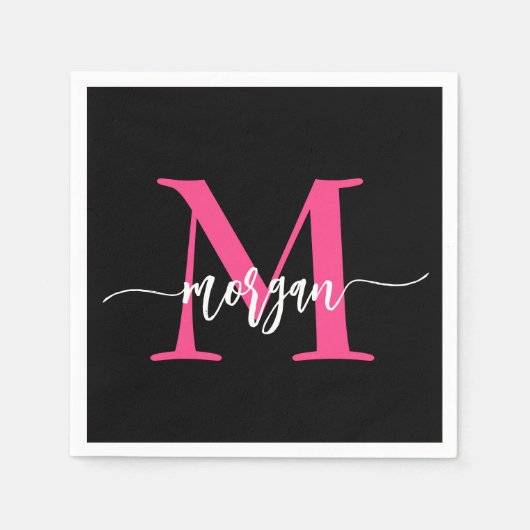 Hot Roze Zwart Modern Script Girly Monogram Naam Servet (Voorkant)