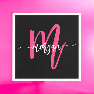 Hot Roze Zwart Modern Script Girly Monogram Naam Servet