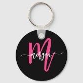 Hot Roze Zwart Modern Script Girly Monogram Naam Sleutelhanger (Voorkant)