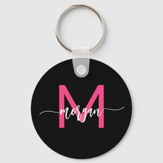 Hot Roze Zwart Modern Script Girly Monogram Naam Sleutelhanger (Voorkant)