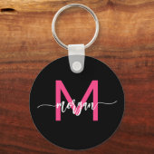 Hot Roze Zwart Modern Script Girly Monogram Naam Sleutelhanger (Voorkant)