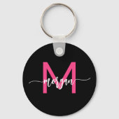 Hot Roze Zwart Modern Script Girly Monogram Naam Sleutelhanger (Achterkant)