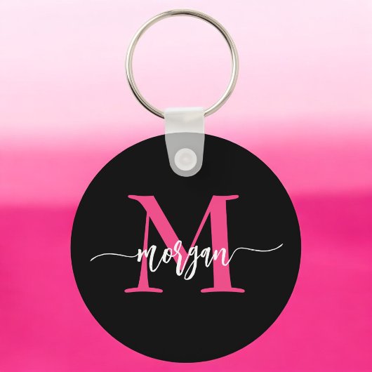 Hot Roze Zwart Modern Script Girly Monogram Naam Sleutelhanger