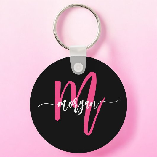 Hot Roze Zwart Modern Script Girly Monogram Naam Sleutelhanger