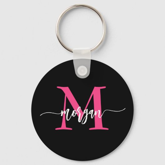 Hot Roze Zwart Modern Script Girly Monogram Naam Sleutelhanger (Achterkant)