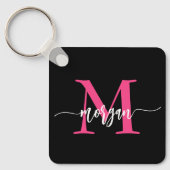 Hot Roze Zwart Modern Script Girly Monogram Naam Sleutelhanger (Voorkant)