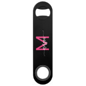 Hot Roze Zwart Modern Script Girly Monogram Naam Speed Flessenopener (Achterkant)