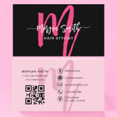 Hot Roze Zwart Modern Script QR Code Monogram Naam Visitekaartje