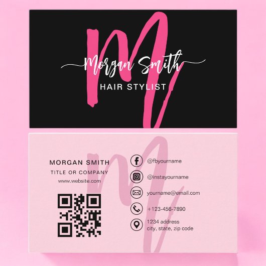 Hot Roze Zwart Modern Script QR Code Monogram Naam Visitekaartje