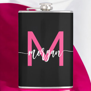 Hot Roze Zwart Monogram Meisje Bachelorette Party Heupfles