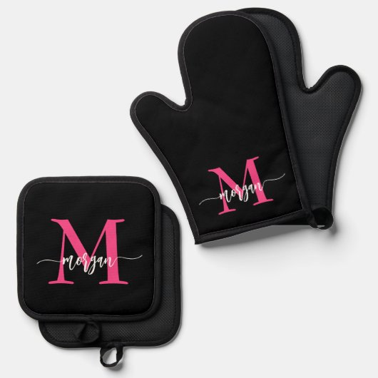 Hot Roze Zwart Monogram Meisje Keuken Script Ovenwant & Pannenlap Set (Voorkant / Achterkant)