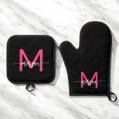 Hot Roze Zwart Monogram Meisje Keuken Script Ovenwant & Pannenlap Set