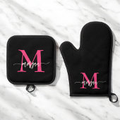 Hot Roze Zwart Monogram Meisje Keuken Script Ovenwant & Pannenlap Set