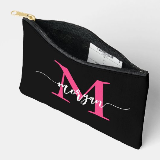 Hot Roze Zwart Monogram Naam Meisje Script Etui (Open)