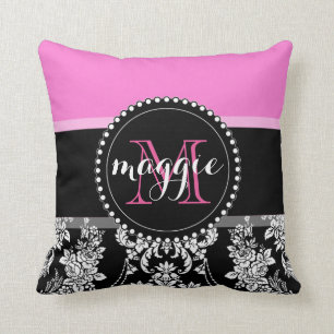 Hot-roze zwarte Damask Girly Monogram Patroon Kussen