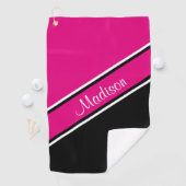 Hot-roze zwarte diagonaal Stripe scriptnaam Golfhanddoek (Insitu)