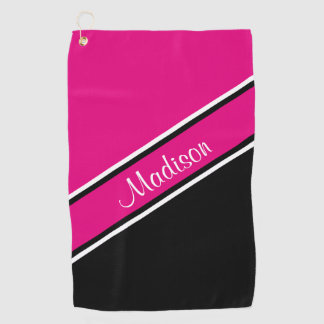 Hot-roze zwarte diagonaal Stripe scriptnaam Golfhanddoek