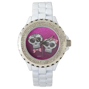Hot-roze zwarte glitter Modern legant Sugar Skull Horloge