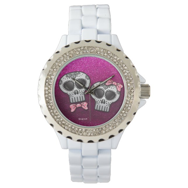 Hot-roze zwarte glitter Modern legant Sugar Skull Horloge (Voorkant)