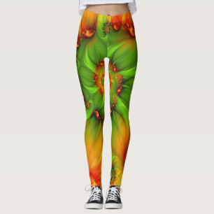 Hot Summer Green Oranje Abstract Colorful Fractal Leggings