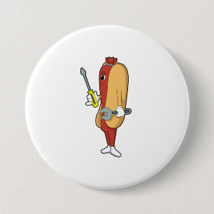 Hotdog als Mechanic met Tool Ronde Button 7,6 Cm
