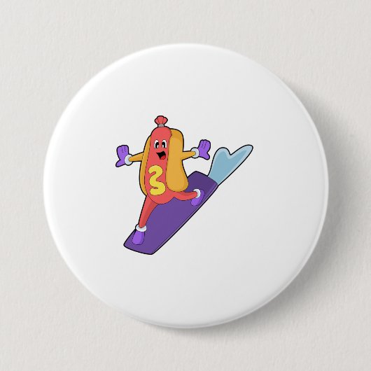 Hotdog als Snowboarder met Sonowboard Ronde Button 7,6 Cm (Voorkant)