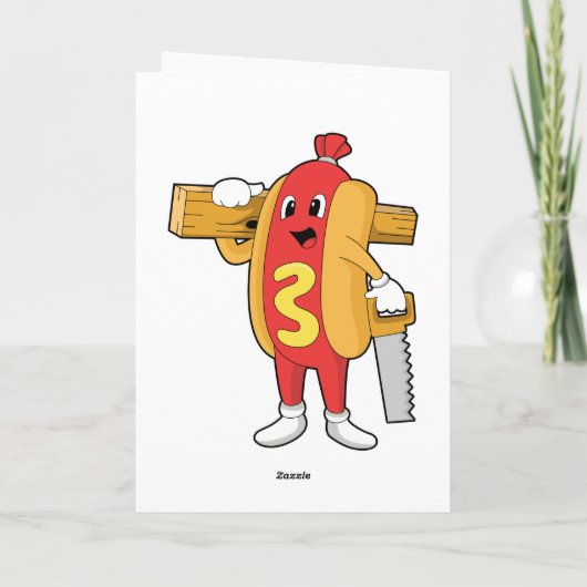 Hotdog als timmerman met zaag en hout kaart (Achterkant)