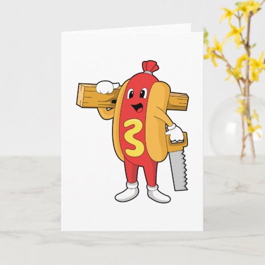 Hotdog als timmerman met zaag en hout kaart (Gele Bloem)