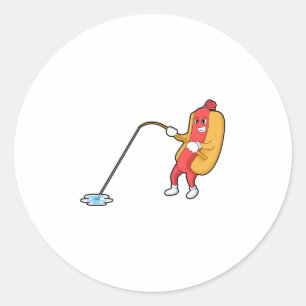 Hotdog at Fishing with Fishing rod Ronde Sticker