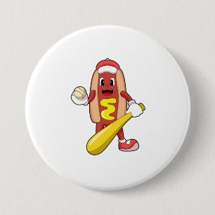 Hotdog bij honkbal met honkbalknuppel ronde button 7,6 cm