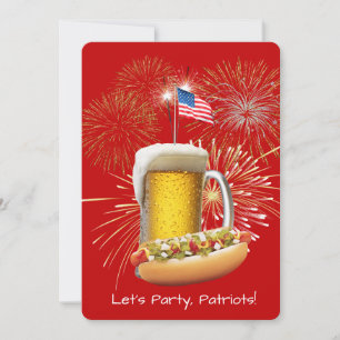 Hotdog en bier met vuurwerk en vlag kaart