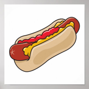 hotdog in bun met ketchup en mosterdgrafische kaar poster