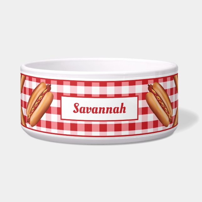Hotdog Snacks Op Rode Gingham Met Eigen Tekst Voerbakje (Voorkant)