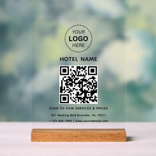 Hotelnaam Logo & QR code Diensten Prijzen Details Acryl Bord (Neutraal)