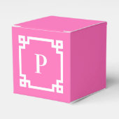 Hotroze en White Greek Key Border Monogram Bedankdoosjes (Voorkant Zijde)