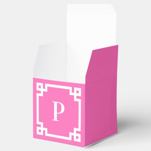 Hotroze en White Greek Key Border Monogram Bedankdoosjes (Geopend)