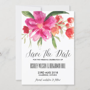 Hotroze waterverf posy save the date aankondiging