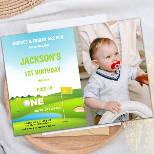 Hou één Golf Birthday-uitnodiging vast met foto Kaart