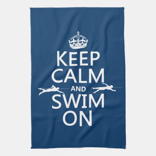 Houd Calm en Swim aan (in om het even welke kleur) Theedoek (Verticaal)