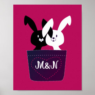 Houd van zwarte en witte konijnen op magenta carto poster