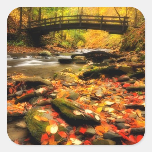 Houden Bridge en Creek in Herfst Vierkante Sticker (Voorkant)