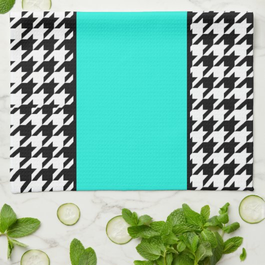 Houndstooth, blauwgroen, zwart, en wit, ingecheckt theedoek (Gevouwen)