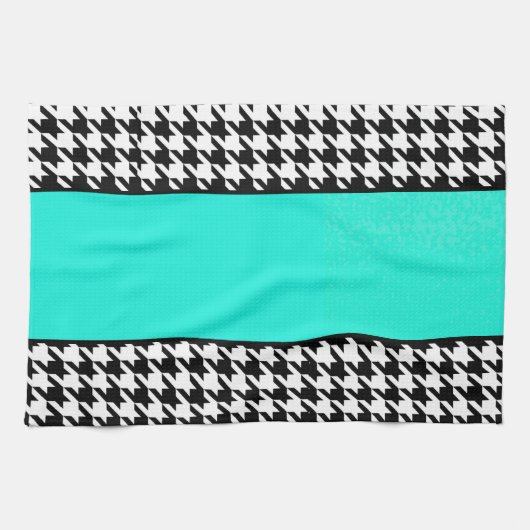 Houndstooth, blauwgroen, zwart, en wit, ingecheckt theedoek (Horizontaal)