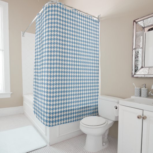Houndstooth Blue+Cream RPT Pattern Douchegordijn (In situ)